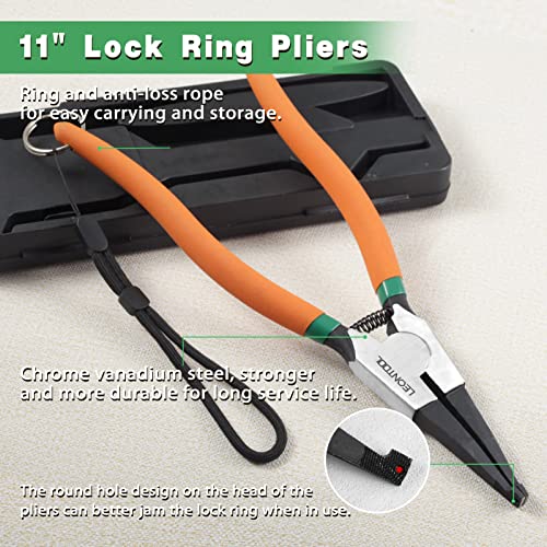 11-Inch Lock Ring Pliers Flat Snap Ring Pliers with Ring and Anti-loss Rope Special Circlip Pliers Reverse Pliers Retaining Ring Pliers Spreader Pliers for Transmission Transfer Cases - size: 11" with Ring & Rope
