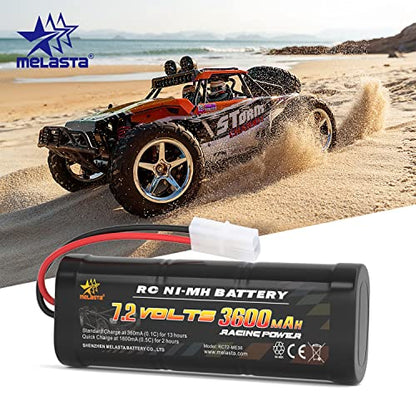 melasta 7.2V 3600mAh NiMH RC Battery 2-Pack – Tamiya Plug for Cars | Compatible with RC trucks, airplanes, helicopters. Fits Associated, HPI, Losi, Kyosho. Rechargeable packs.