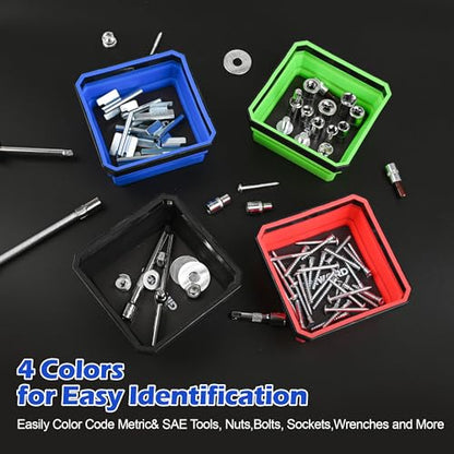 4Pcs Foldable Magnetic Partsn Trays Set with 3LBS Magnetic Pick-up Tool, 4.5" Square Silicone Magnetic Tool for Organizing Screws, Bolts, Nuts, Washers, Pins, and Other Small Metal Parts - color: 4pcs