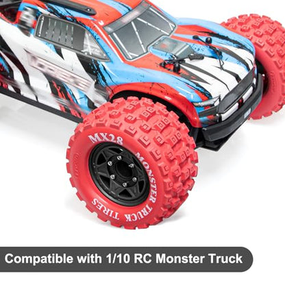 LRFHL MX28 F/R 2.8" RC Monster Truck Tires and Wheels 4PCS, Red | 12mm/14mm Hex Adapter, 1/10 RC Monster Truck, Compatible with Traxxas Stampede Rustler Redcat Arrma Vorteks Big Rock Granite - color: Red Tires+ Black Hex Wheel-1