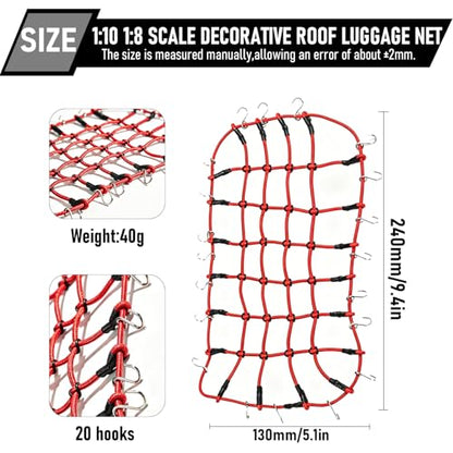 1/10 RC Elastic Cargo Net with Hooks, 240×140mm Roof Luggage Net for SCX10 | Compatible with 1/10 1/8 Traxxas TRX-4, D90, D110, SCX10, 90046 1/10 1/8 Crawler Truck Buggy Rack Accessories (Red) - color: Red