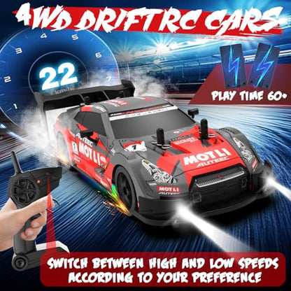 RC Drift Car 1:20 Scale Remote Control Cars 2.4GHz 4WD High Speed RTR Racing Vehicle with LED Lights 2 Rechargeable Batteries and Drifting Tires Racing Sport Toy Car for Adults Kids Boys Girls - color: Red