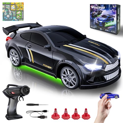 Mini RC Car 1:64 Scale, Remote Control Desktop Car for Adults & Kids | 2.4GHz RC Drift Car with LED Lights & 2 Speeds, Includes 4 Obstacles & Track Mat, Hobby Gift for Boys, Black - color: Black