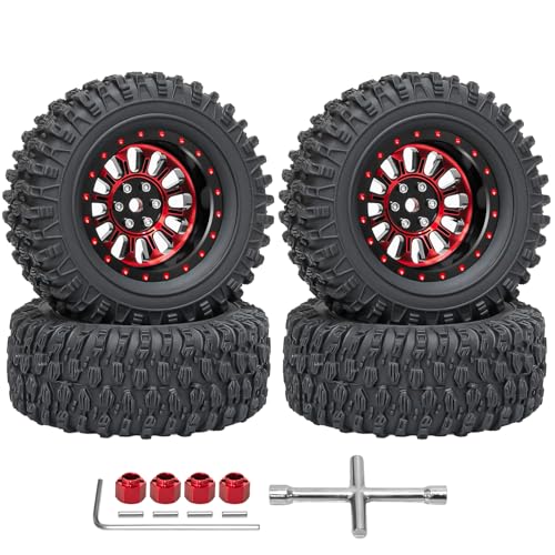 LRFHL 1.3" Beadlock Wheel Tires Aluminum for SCX24 TRX4M, 4PCS, Red | Upgraded 1.45-inch Wheel, 1/24 SCX24 1/18 TRX4M RC Crawler Car Upgrade - color: Black Tires+ Red Wheels-1