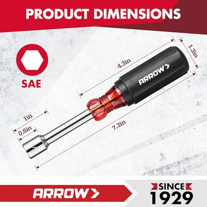 ARROW 7 PCS SAE Nut Driver Set with 1-Inch Hollow Shaft | Non-Slip Grip, Cr-V Steel, Hex Sizes 3/16, 1/4, 5/16, 11/32, 3/8, 7/16, 1/2-Inch, Easy for Tightening and Unscrewing