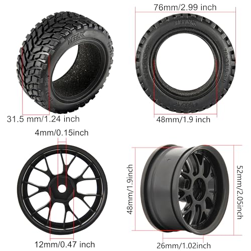 4PCS 76mm/2.99inch RC Rally Car Tyres 12mm Hex Hub Rubber Tires & Plastic Wheel Rims for 1/16 1/14 1/12 1/10 RC Touring Car On-Road Off Road Buggy(NOT Glued) - size: A