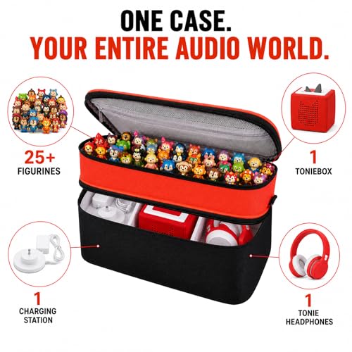 Bevegekos 2-Layer Carrying Case for Toniebox Gen 1 & 2, Holds 25+ Figures | Top tray + deep bottom fit audio box, charging station & headphones; water-resistant 600D shell with EPE foam padding inside - color: Black/Orange