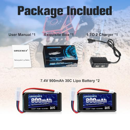 SCX24 Battery 7.4V Lipos 2S 30C(Burst 60C) 900mAh Rechargeable Lithium Battery with PH2.0 Plug Compatible with Most 1/10, 1/16, 1/18, 1/24 Scale RC Cars Trucks with 1TO2 USB Charger