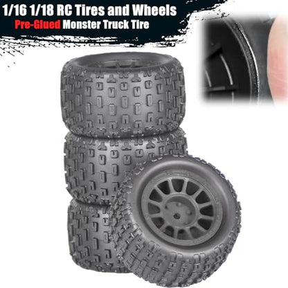 4Pcs Monster Truck Tires 1/16 1/18 Scale 74mm Pre-glued Foam Insert Tires for ARRMA Granite 1/18 Granite/Typhon, WLtoys A949, MJX Hyper Go H16, High-Grip Ready-to-Run - color: Black