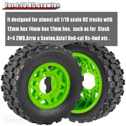 RC Truck Tires RC Wheels and Tires,12mm/14mm/17mm Hex RC Tires for 1/10 Slash 4×4 2WD,Arrm a Senton,Axia1 Red cat Rc 4wd,Off-Road Tire w/RC Wheels Hex,Green - color: Green(4pcs)