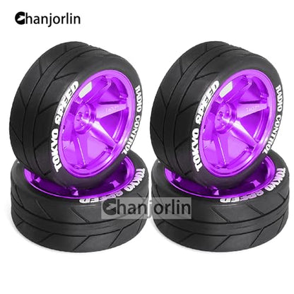 1/10 On Road Tires and Aluminum Wheels 12mm Hex RC Rally Racing Tyres OD 2.56" for Tamiya TT01 TT02 XV01 TA06 A959 PTG2 HPI KYOSHO PTG2 Traxxas 1:10 Street Touring Drift Car 4PCS (Purple) - color: Purple