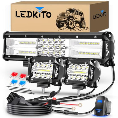 12In LED Light Bar and 2PCS LED Cube Pods Light with Wiring Harness | Spot Flood Combo Beam Triple Row with Rocker Switch Off Road Work Driving Lights for Je-ep Trucks ATV UTV SUV Tractor Pickup - size: LEDKITO 12InCW Light Bar+4In Pod Lights White