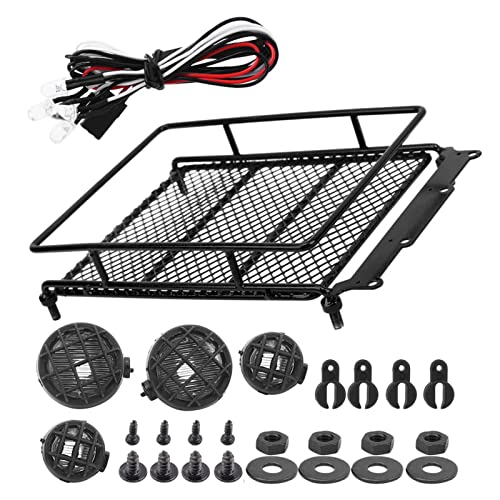 RC Crawler Roof Rack, Durable Metal Simulation Luggage Carrier with LED Light for Off-Road Adventure RC and Scale Hobbyists - color: Black