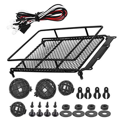RC Crawler Roof Rack, Durable Metal Simulation Luggage Carrier with LED Light for Off-Road Adventure RC and Scale Hobbyists - color: Black