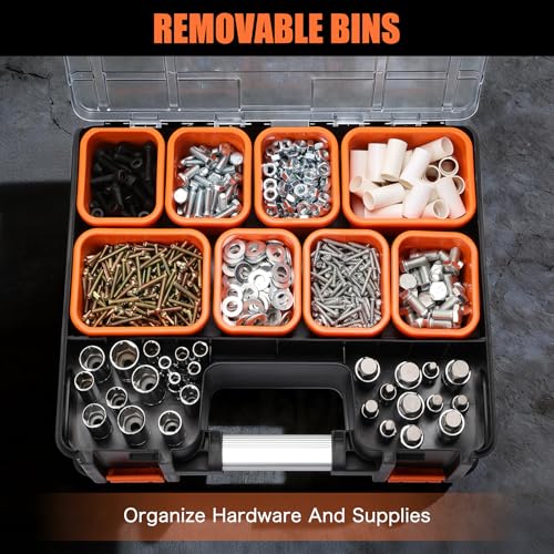 Double Side Tool Box, Multi-Function Storage Toolbox Organizer, 8 Movable Small Trays & Removable Dividers, Transparent Cover Plate, Toolbox For Hobby & Craft Use (15.16"L*12.8"W*6.3"H)