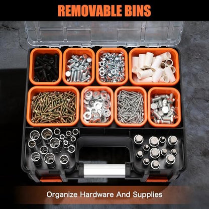 Double Side Tool Box, Multi-Function Storage Toolbox Organizer, 8 Movable Small Trays & Removable Dividers, Transparent Cover Plate, Toolbox For Hobby & Craft Use (15.16"L*12.8"W*6.3"H)