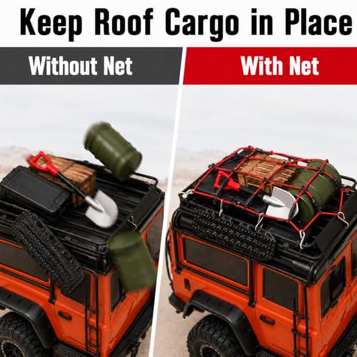 1:24 RC Roof Cargo Net with Hooks, 80x65mm Elastic Luggage Net for Axial SCX24 90081 AXI00002 AXI00001 AXI90081 C10 JLU Gladiator Bronco TRX4M 1/24 1/18 RC Crawler Scale Accessories, Red - color: Red