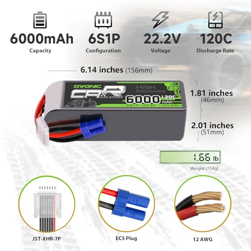 OVONIC 6S LiPo Battery 6000mAh 22.2V 120C RC Battery with EC5 Connector (2 Pack)
