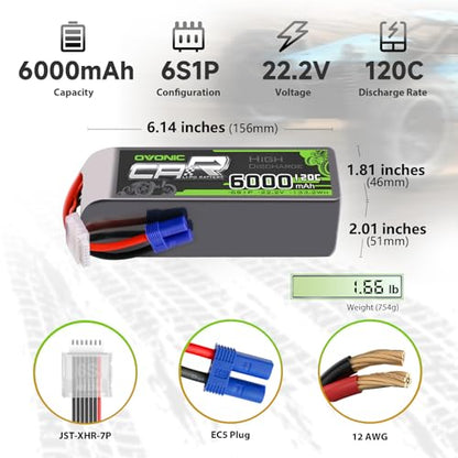 OVONIC 6S LiPo Battery 6000mAh 22.2V 120C RC Battery with EC5 Connector (2 Pack)
