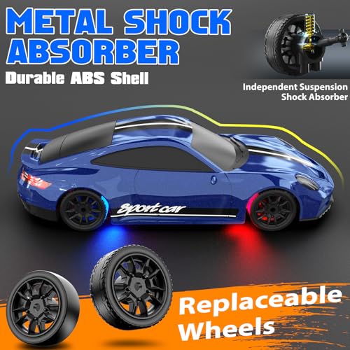 1/43 RC Drift Car, Mini Drifting RC Car with Gyro 2.4GHz Full Proportional Drift Cars 4WD RTR Remote Control Cars with Colorful Lights High Speed Fast Racing Vehicle Gift for Kids Boys Adults - color: Blue B