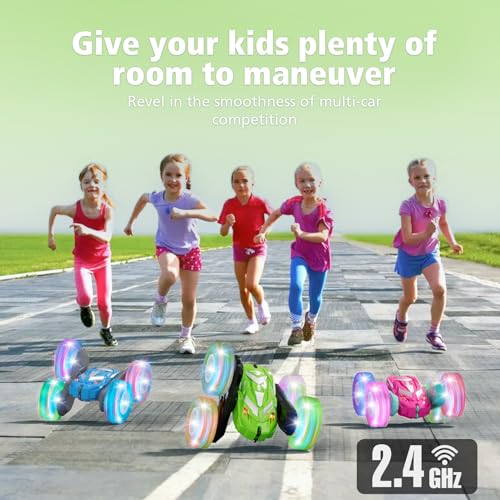 Amicool Remote Control Car for Boy 6-12 with Flashing Light, 6 7 8 9 Years Old Boy Toys, Race RC Cars Stunt Drift 4WD 2.4Ghz Double Sided 360° Flip, Boys Gift Idea for Kids Birthday Christmas, Green - color: Green