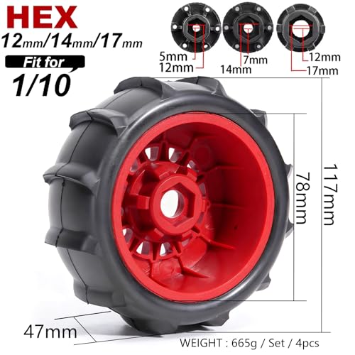 Pre-Glued Sand & Snow Paddle Wheel & Tire Set for 1/10 RC Truck Fits Slash, Arrma Fury/Senton, Tekno SCT410, HSP 94155, 117 x 45.5 mm, 12/14/17 mm Hex, 4 pcs, Red - color: Red