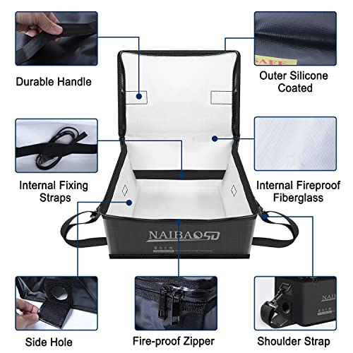 Fireproof Lipo Battery Bag, 11 x 8 x 6.5 in | Explosionproof, Fire Resistant, Detachable Shoulder Strap, Double Metal Zipper, Large Capacity - color: black