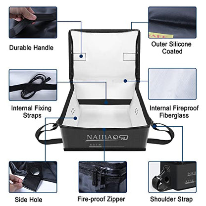 Fireproof Lipo Battery Bag, 11 x 8 x 6.5 in | Explosionproof, Fire Resistant, Detachable Shoulder Strap, Double Metal Zipper, Large Capacity - color: black