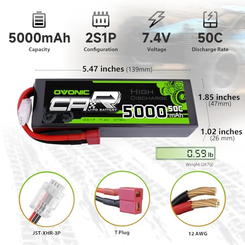 OVONIC 7.4V Lipo Battery 5000mAh 50C 2S Lipo Battery Pack HardCase with Dean-Style T Plug for RC Car Bigfoot Arrma Axial Losi Slash Buggy and Monster Truck - size: 1pcs