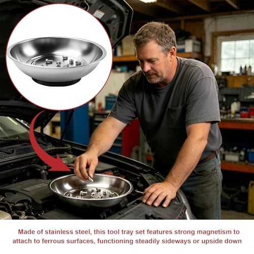 3PCS Magnetic Parts Tray, Stainless Steel Thickened Tray Set with Extra Strong Magnet, Heavy Duty Metal Parts Holder for Screws Nuts Bolts Washers Pins, Car Accessories (Bowl) - color: Bowl