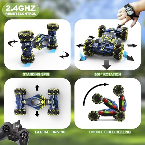 Gesture RC Car,1:24 4WD Transform Off-Road Stunt Car with Gesture & Remote Control, 360° Flips Drift Vehicle with LED Lights Music, All Terrain Toy Cars Gifts for Boys Girls Age 6-12 - style: 1:24 Blue