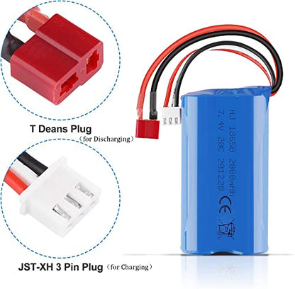 2S Li-ion Battery 7.4V 2000mAh 20C T Plug Female Connector Rechargeable Battery with USB Battery Charger for RC Car Off Road Truck Jumper T16 Transmitter etc