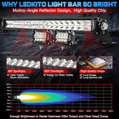 22In LED Light Bar+4In LED Cube Pod Lights with Wiring Harness Kit | Spot Flood Combo Single Row Straight Off Road Driving Work Light Bar 3Pin Rocker Switch for Je-ep Pickup Golf Car Tractor GMC
