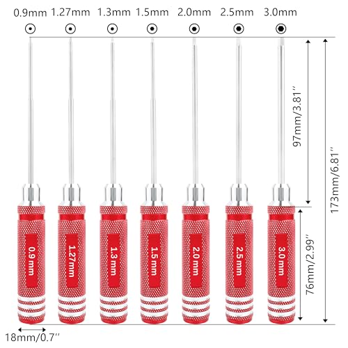 7 Pieces Hex Screw Driver Set 0.9mm 1.27mm 1.3mm 1.5mm 2.0mm 2.5mm 3.0mm Hex Screwdriver Kit RC Repair Tools for Traxxas RC Car Drone Multi-Axis Helicopter Arrma Axial Losi Redcat Racing (Red) - color: Red