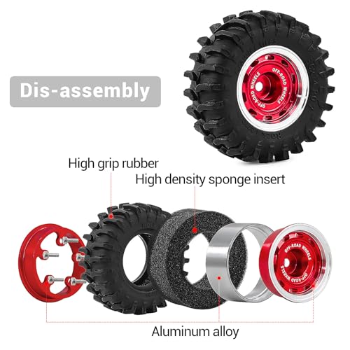 0.7" Aluminum Beadlock Wheels and Tires Set for 1/30 Axial SCX30 RC Crawler – Upgrade Parts (Red-299) - color: Red-299