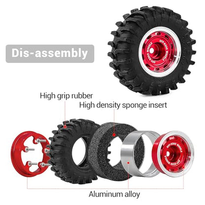 0.7" Aluminum Beadlock Wheels and Tires Set for 1/30 Axial SCX30 RC Crawler – Upgrade Parts (Red-299) - color: Red-299