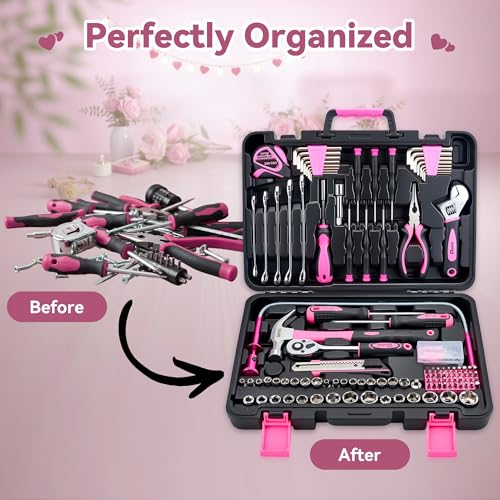 KOOPOOL 159 Piece Pink Tool Set, Tool Kit for Women, General Household pink tool kit for Home Auto Repair, Basic Mechanic Tool Box, with Storage Case - color: Pink