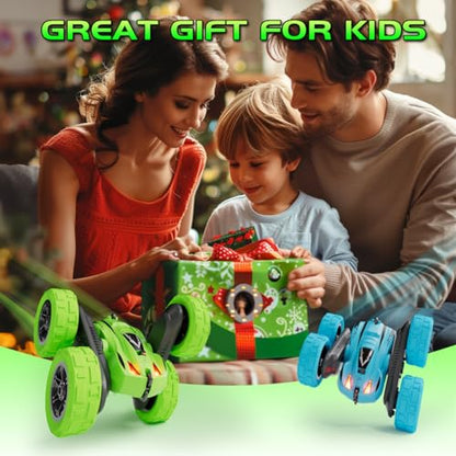 Remote Control Car, 4WD 2.4GHz Double-Sided RC Stunt Car, 360° Rotating Electric Rechargeable Toy Car with LED Lights, Gift for Boys Girls Ages 6+(Blue)