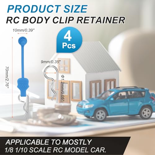 MECCANIXITY 4 Pcs RC Body Clip Retainers, 1.2mm Rod RC Clips Shell Fixed Buckle Lock Springy R Pins Shell Replacement Parts for All 1/8 1/10 Scale Model Car Crawler Truck(Blue/Silver) - color: Blue Tab Silver Clip