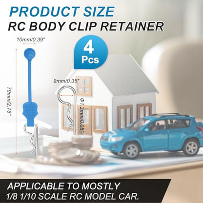 MECCANIXITY 4 Pcs RC Body Clip Retainers, 1.2mm Rod RC Clips Shell Fixed Buckle Lock Springy R Pins Shell Replacement Parts for All 1/8 1/10 Scale Model Car Crawler Truck(Blue/Silver) - color: Blue Tab Silver Clip