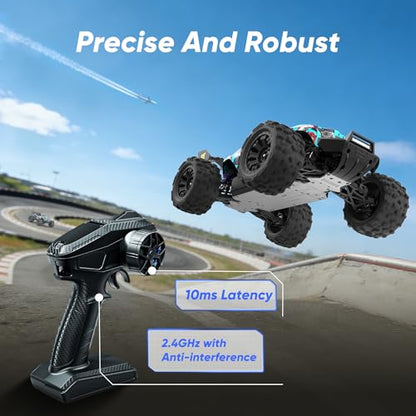 1/14 Scale Fast Brushless RC Cars,4WD Monster Truck | Max 50 MPH High-Speed, 4X4 Off-Road Vehicle, Waterproof All-Terrain Tire, 3S LiPo Battery,CNC Central Differential - color: Sky Blue