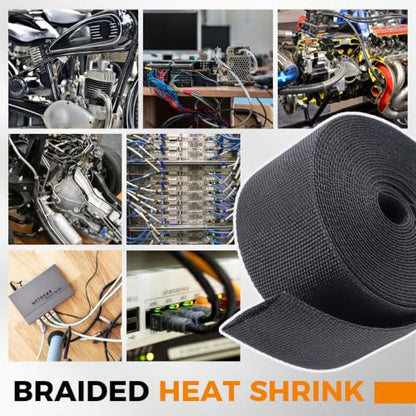 2:1 Ratio Automotive Heat Shrink Braided Sleeving 3/8''-15ft | Black 2 in 1 Ratio Wear-Resistant Flat Woven Heat Shrinkable Sleeve Fabric for Car Cable Wires Hoses Cord Protection - size: 3/8"-15ft
