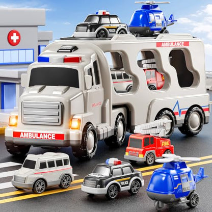 JUKUDAHU 5-in 1 Play Ambulance Toy Vehicle Toddler Truck Toys for 3 4 5 6 7 Year Old Boys - Friction Powered Cars with Light and Sound, Police Car, Fire Truck, Ambulance Car, Birthday Gifts for Kids - style: 5 IN 1 Ambulance Truck