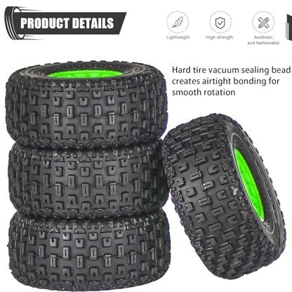 Pre-Glued 1/14 RC Truck Tires & Wheels (4PCS) - 12mm Hex All-Terrain Tires 2.56" OD - for Traxxas, ARRMA Mojave GROM,MJX Hyper Go 14301 14302 14303,Tamiya Kyosho HPI 1/14-1/18 Scale On/Off Road - color: Green
