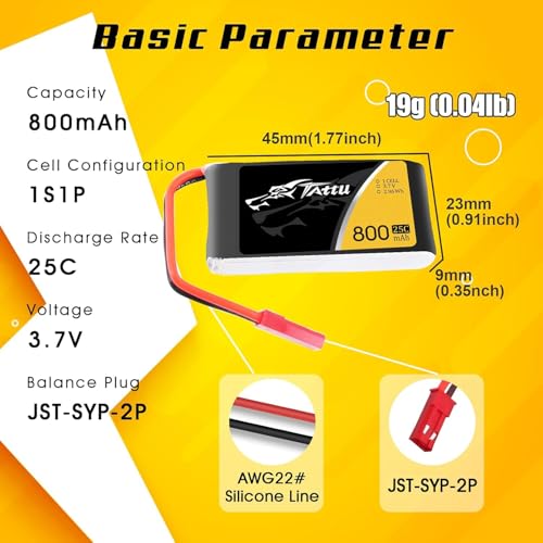 TATTU 3.7V 800mAh 25C 1S LiPo Battery Pack with JST Plug for F181 MJX X400 X400W X800 Holy Stone X200 X300C X500 Sky Viper S670 V950str V950hd HS110 HS200 Syma X56W HS200W RC Quadcopter(6 Pcs)