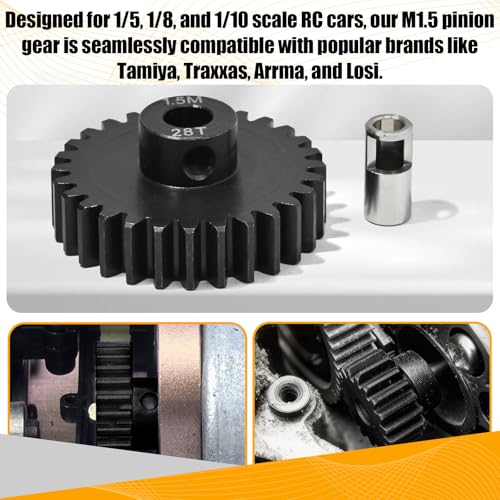 M1.5 28T Pinion Gear 8mm Bore with 8mm to 5mm Shaft Adapter Sleeve, Chromium Steel Motor Gear with Set Screw & Hex Key for Traxxas ARRMA Losi 1/5 1/8 RC Cars - size: 28T