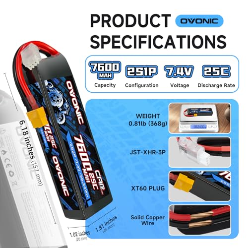 OVONIC 2S Lipo Battery 7.4V 7600mAh 25C with TRA Connector for RC Car Truck Vehicles Boat Drone Airplane Quadcopter Helicopter FPV Racing Hobby Models Pro Truck Boat Jet Basher 2 Batteries