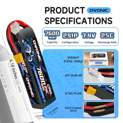 OVONIC 2S Lipo Battery 7.4V 7600mAh 25C with TRA Connector for RC Car Truck Vehicles Boat Drone Airplane Quadcopter Helicopter FPV Racing Hobby Models Pro Truck Boat Jet Basher 2 Batteries