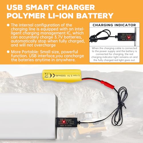 2PCS 3.7V 1000mAh Li-ion Battery JST-2P Plug with USB Charging Cable for Huina 1337 1338 1516 1517 RC Engineering Vehicle Remote Control Toy Car