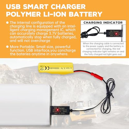 2PCS 3.7V 1000mAh Li-ion Battery JST-2P Plug with USB Charging Cable for Huina 1337 1338 1516 1517 RC Engineering Vehicle Remote Control Toy Car